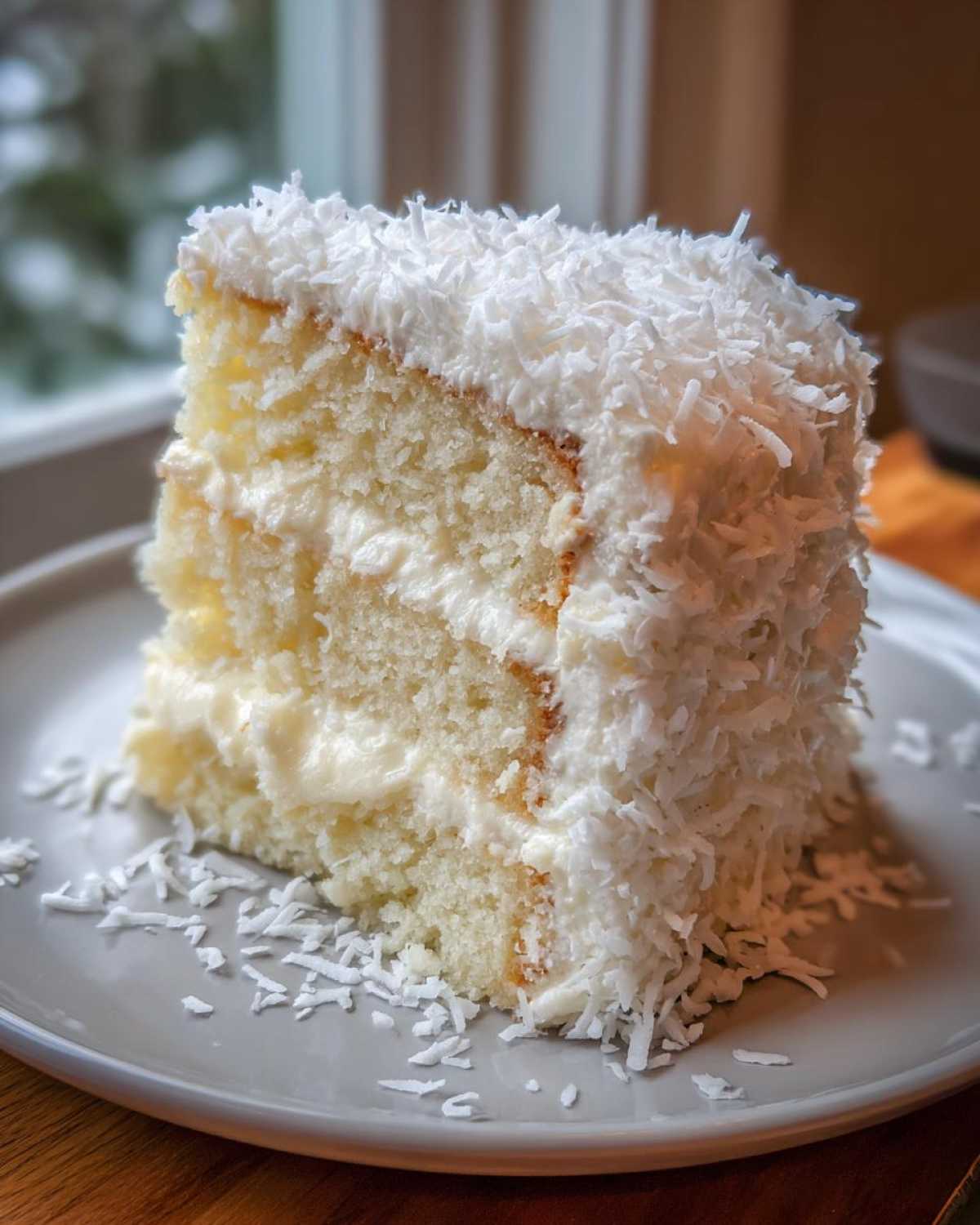 A thick slice of fluffy coconut cake layered with white frosting and generously covered in shredded coconut.
