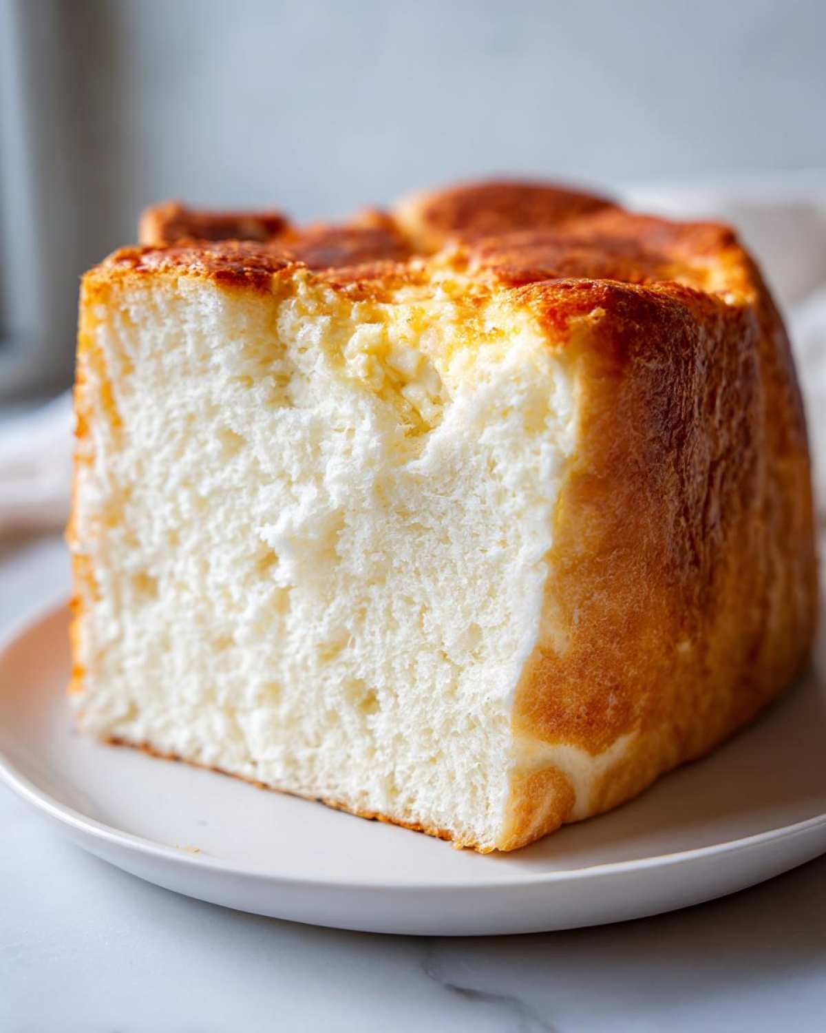 Close-up of a freshly baked loaf of condensed milk bread showing its incredibly soft, white, and fluffy interior texture.