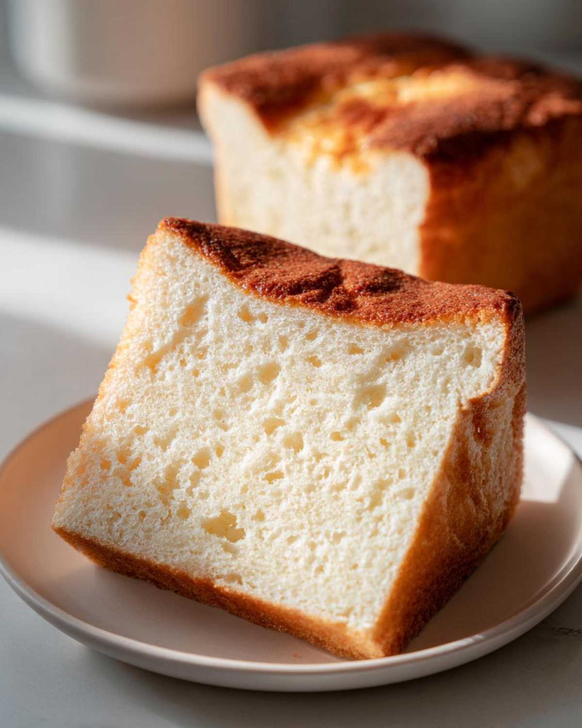 Close-up of a fluffy slice of condensed milk bread showing its soft, white interior and golden-brown top crust.