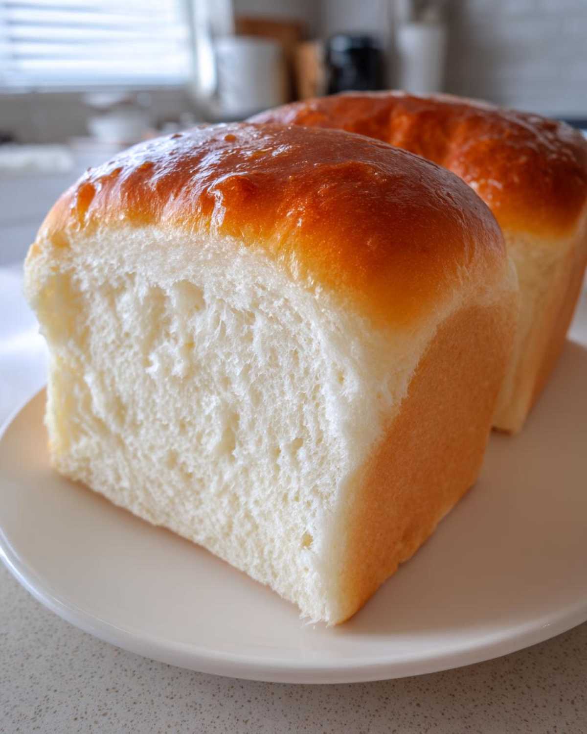 A close-up of a slice of incredibly soft, white condensed milk bread showing its fluffy interior and golden, shiny crust.