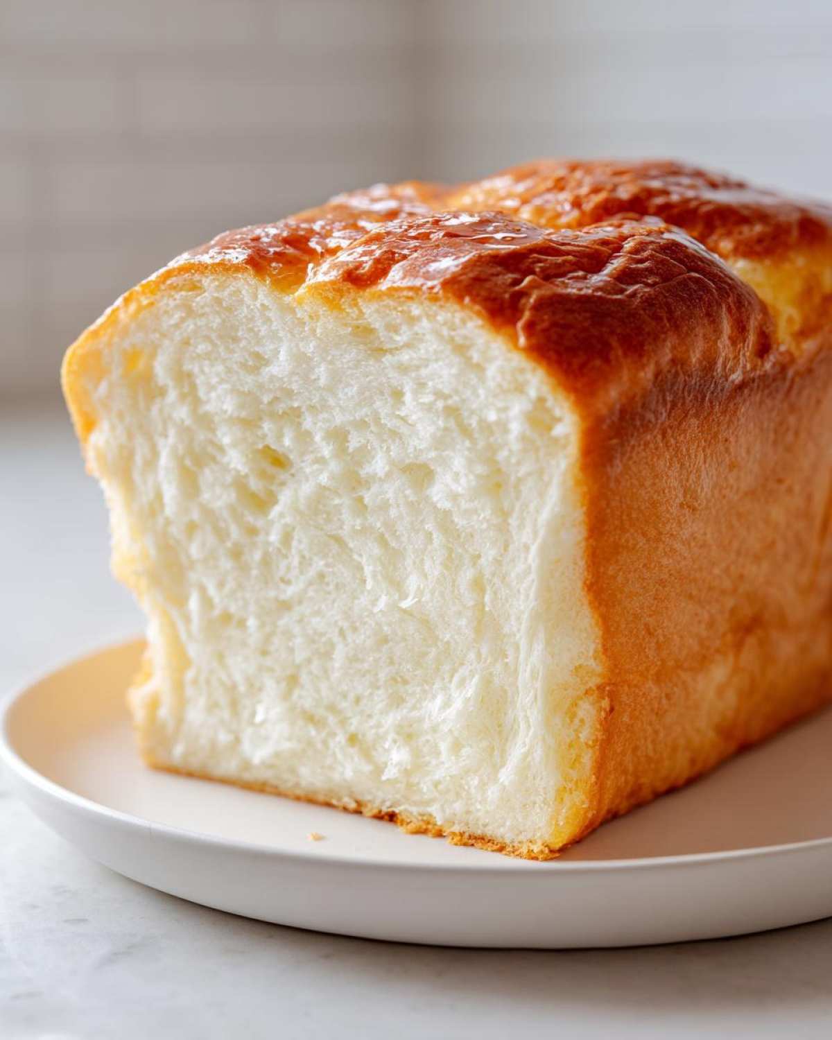 Close-up of a freshly baked, soft slice of condensed milk bread showing its fluffy white interior and golden crust.