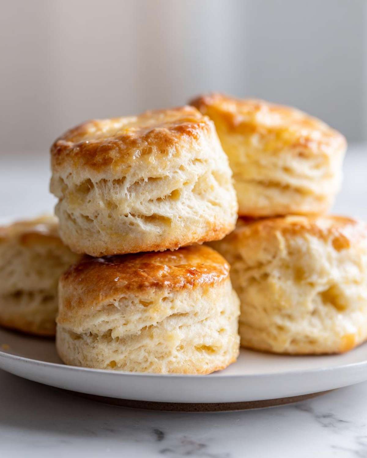 A stack of perfectly baked, tall, fluffy scones with a golden brown, shiny top.