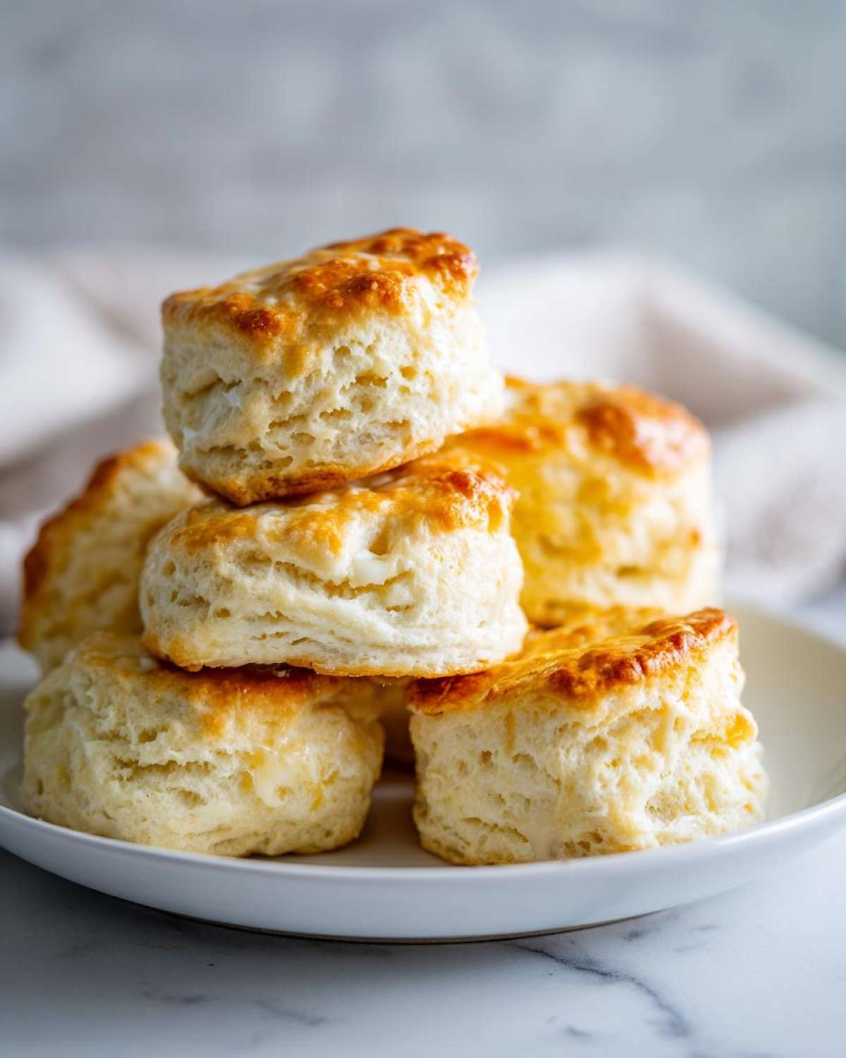 A stack of freshly baked, fluffy scones with golden tops resting on a white plate.