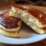 Close-up of fluffy greek yogurt pancakes stacked and cut in half, showing the airy interior and golden-brown tops.