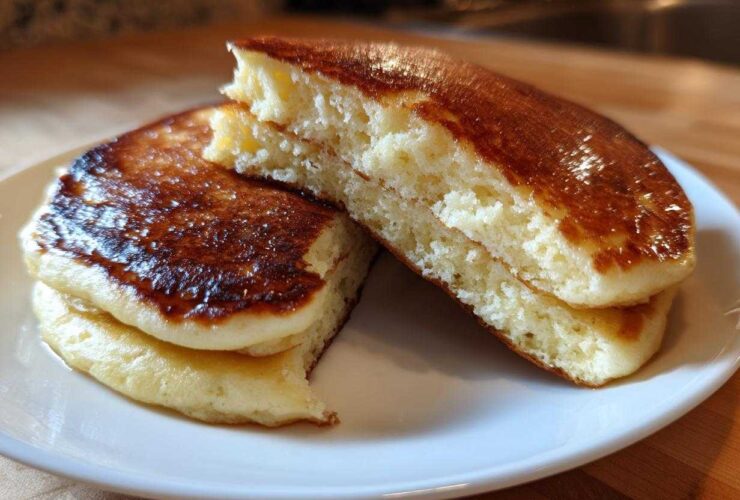 Close-up of fluffy greek yogurt pancakes stacked and cut in half, showing the airy interior and golden-brown tops.
