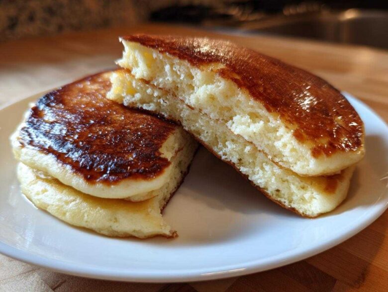 Close-up of fluffy greek yogurt pancakes stacked and cut in half, showing the airy interior and golden-brown tops.