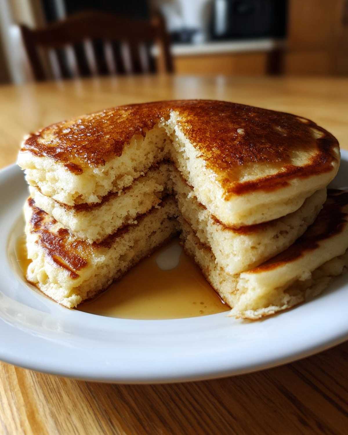 A tall stack of fluffy greek yogurt pancakes with a piece cut out, drizzled with maple syrup on a white plate.