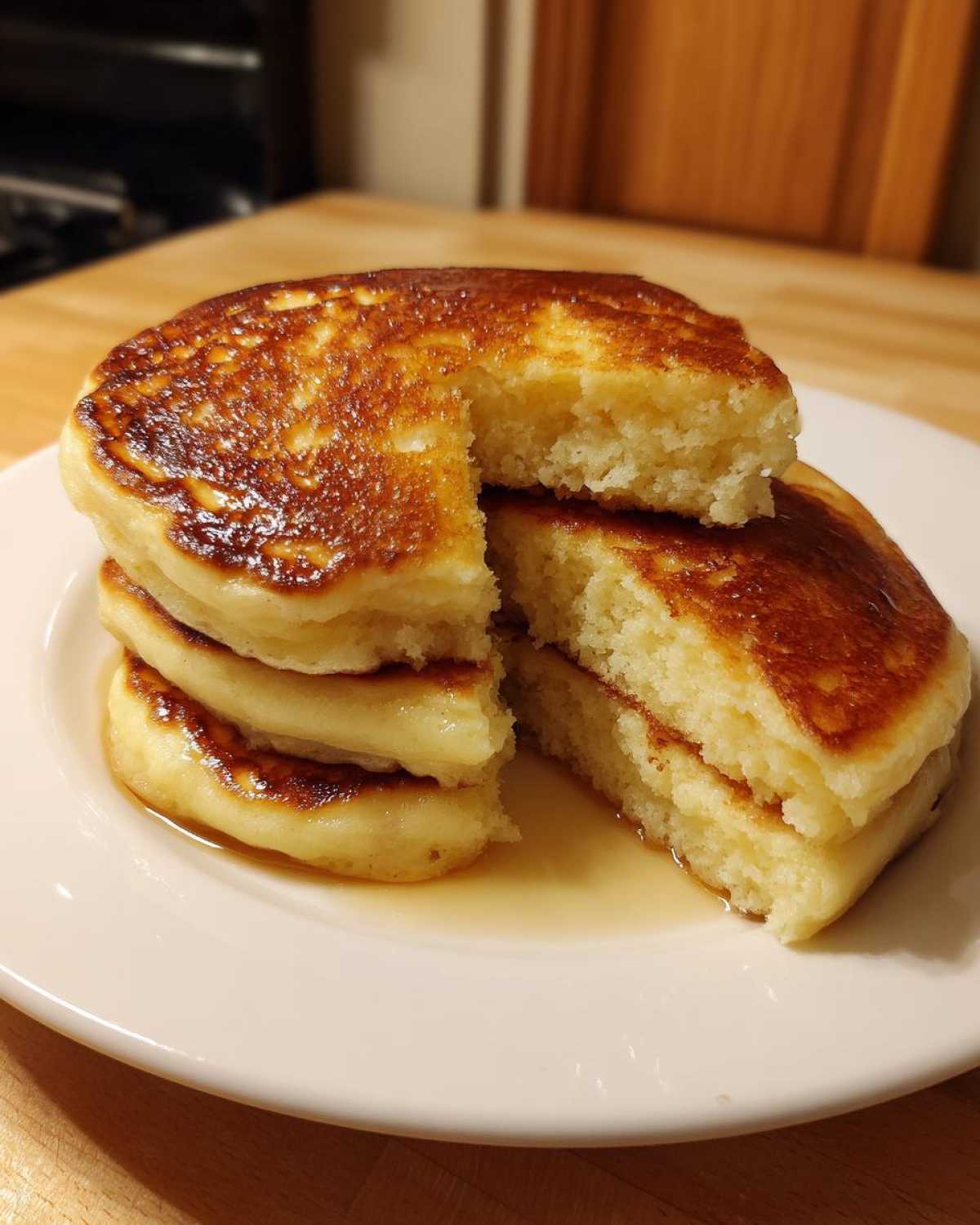 A stack of four fluffy greek yogurt pancakes on a white plate, with a slice cut out showing the airy interior and syrup pooling below.