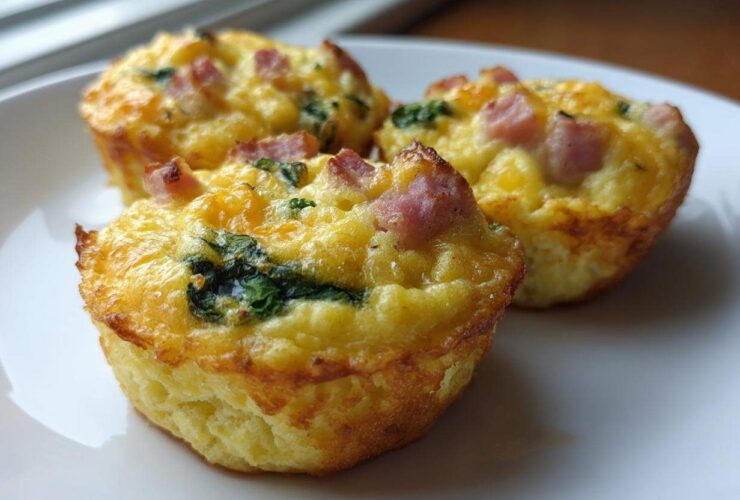 Three fluffy muffin tin egg bites topped with ham and spinach served on a white plate.