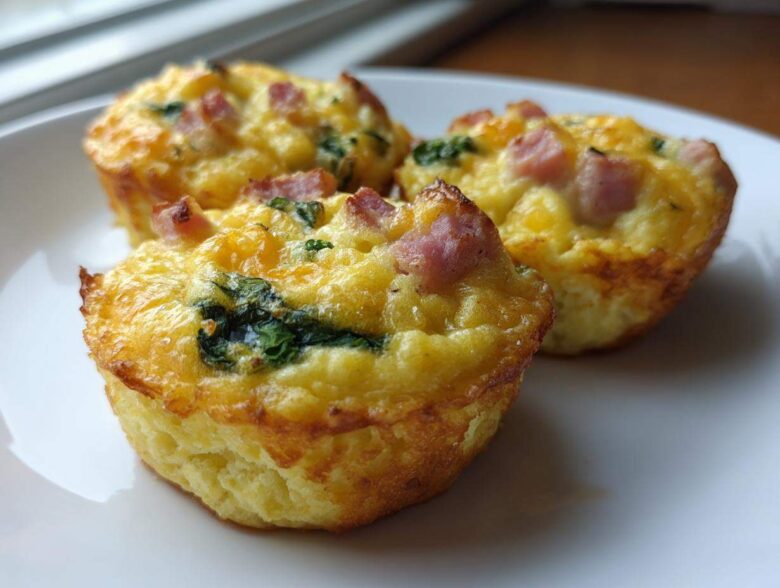 Three fluffy muffin tin egg bites topped with ham and spinach served on a white plate.