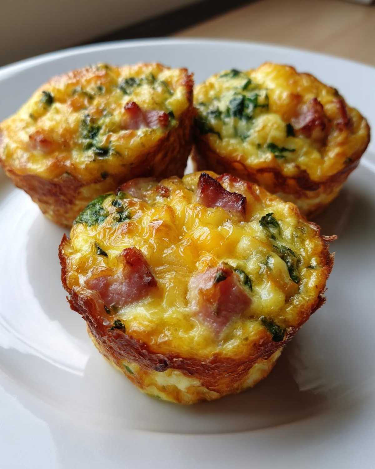 Close-up of three golden brown muffin tin egg bites topped with melted cheese, ham, and spinach served on a white plate.