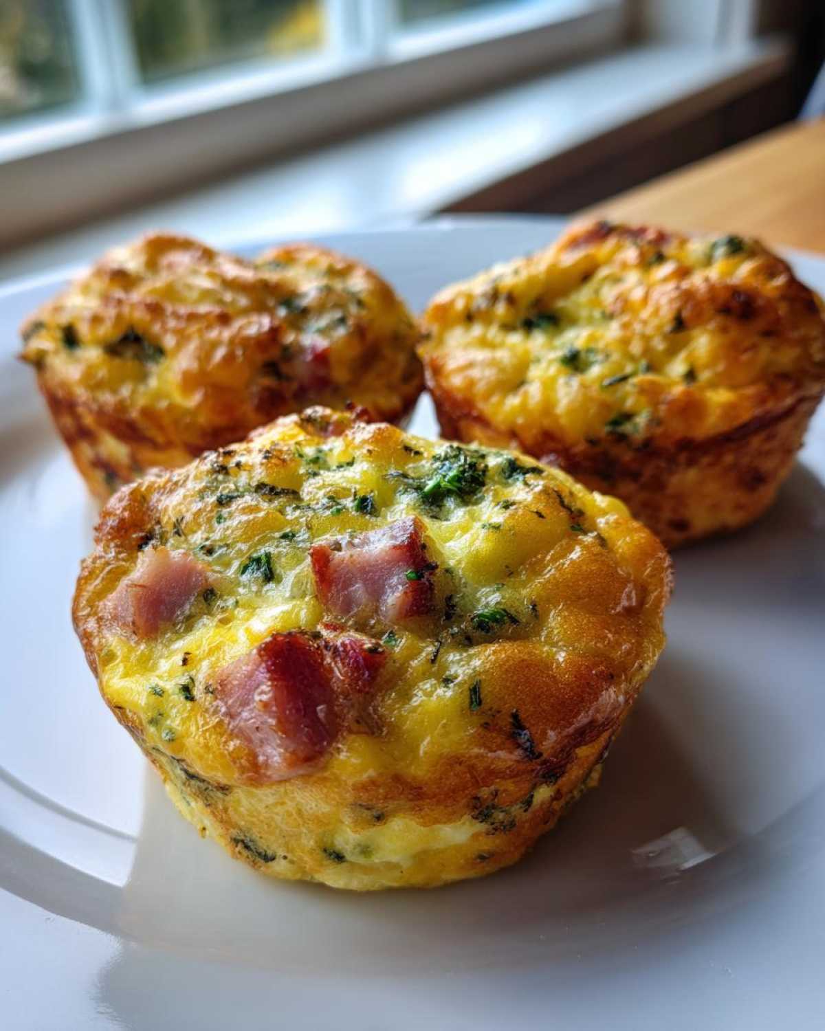 Three golden brown muffin tin egg bites, featuring visible chunks of ham and green herbs, served on a white plate.