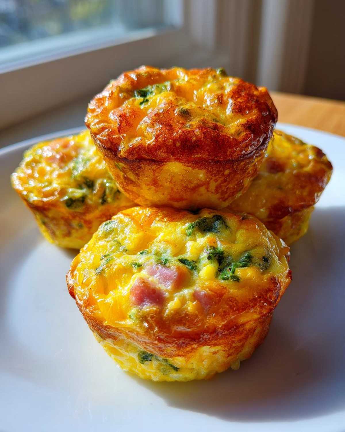 Four golden-brown muffin tin egg bites stacked slightly on a white plate, showing visible pieces of ham and green herbs.