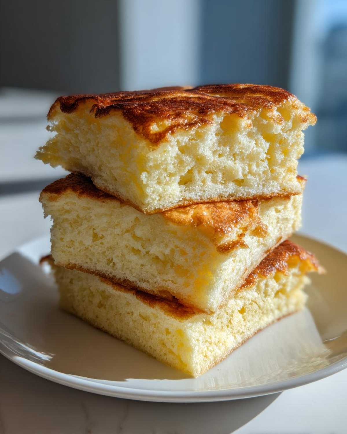 Three thick, square slices of incredibly fluffy pancakes stacked on a white plate, showing the airy interior texture.
