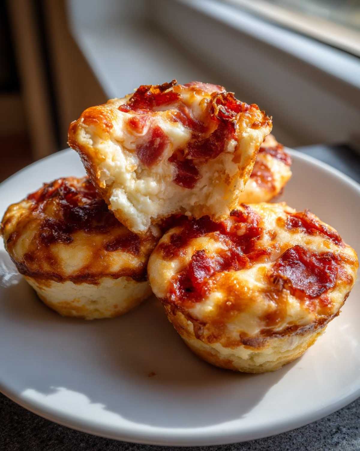 A stack of three golden-brown Pizza Muffins on a white plate, one broken open showing the fluffy interior.