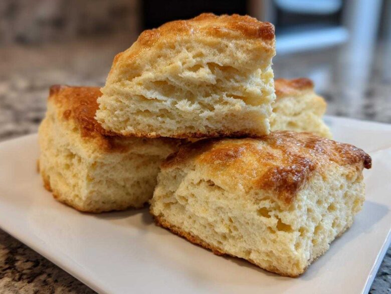Close-up of fluffy, square-cut scones stacked on a white plate, showing their layered interior texture.