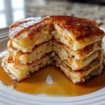 A tall stack of fluffy sourdough pancakes cut open to show the texture, drenched in golden syrup.