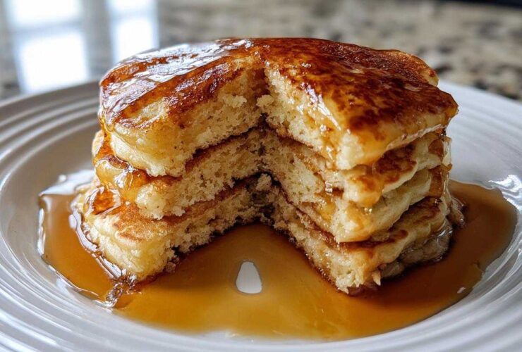 A tall stack of fluffy sourdough pancakes cut open to show the texture, drenched in golden syrup.