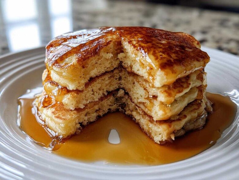 A tall stack of fluffy sourdough pancakes cut open to show the texture, drenched in golden syrup.