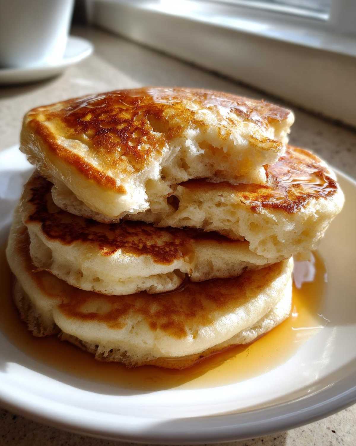 Close-up of a stack of fluffy sourdough pancakes drizzled with syrup, showing the airy interior.