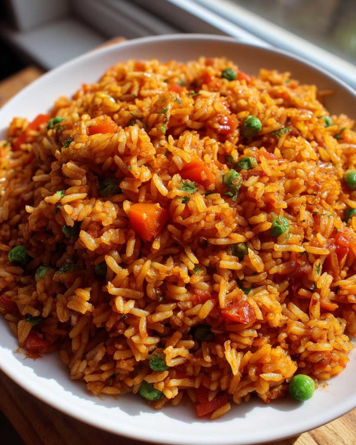 Close-up of a bowl filled with fluffy, seasoned spanish rice mixed with bright green peas and diced orange carrots.