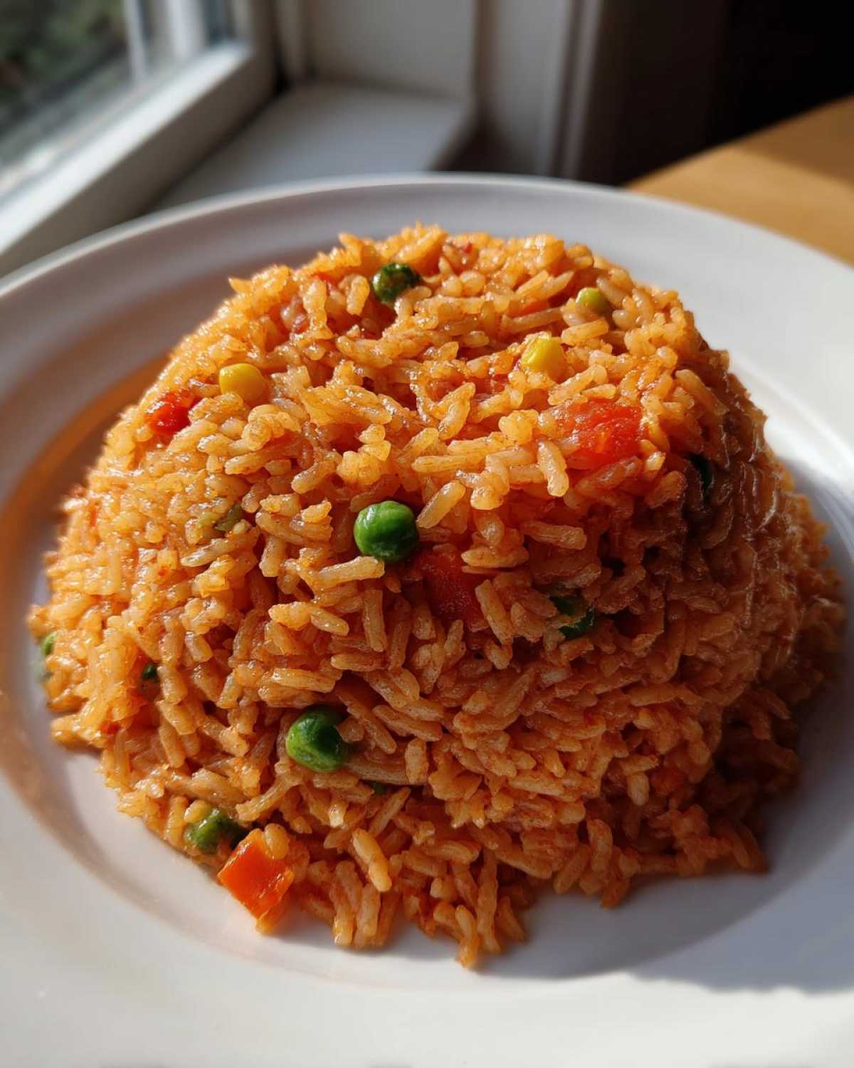 A perfectly molded serving of fluffy, orange-red Spanish rice mixed with bright green peas and corn on a white plate.