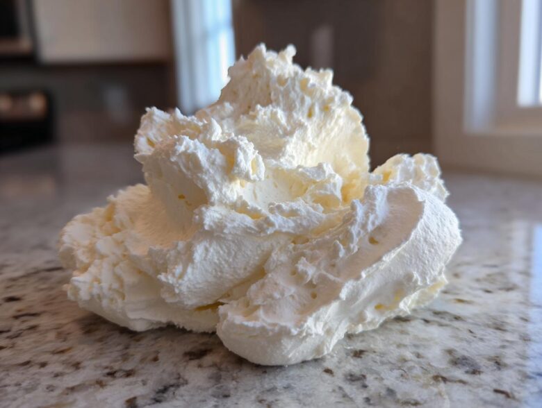 A close-up of a fluffy, pale yellow scoop of homemade vanilla buttercream frosting resting on a granite countertop.