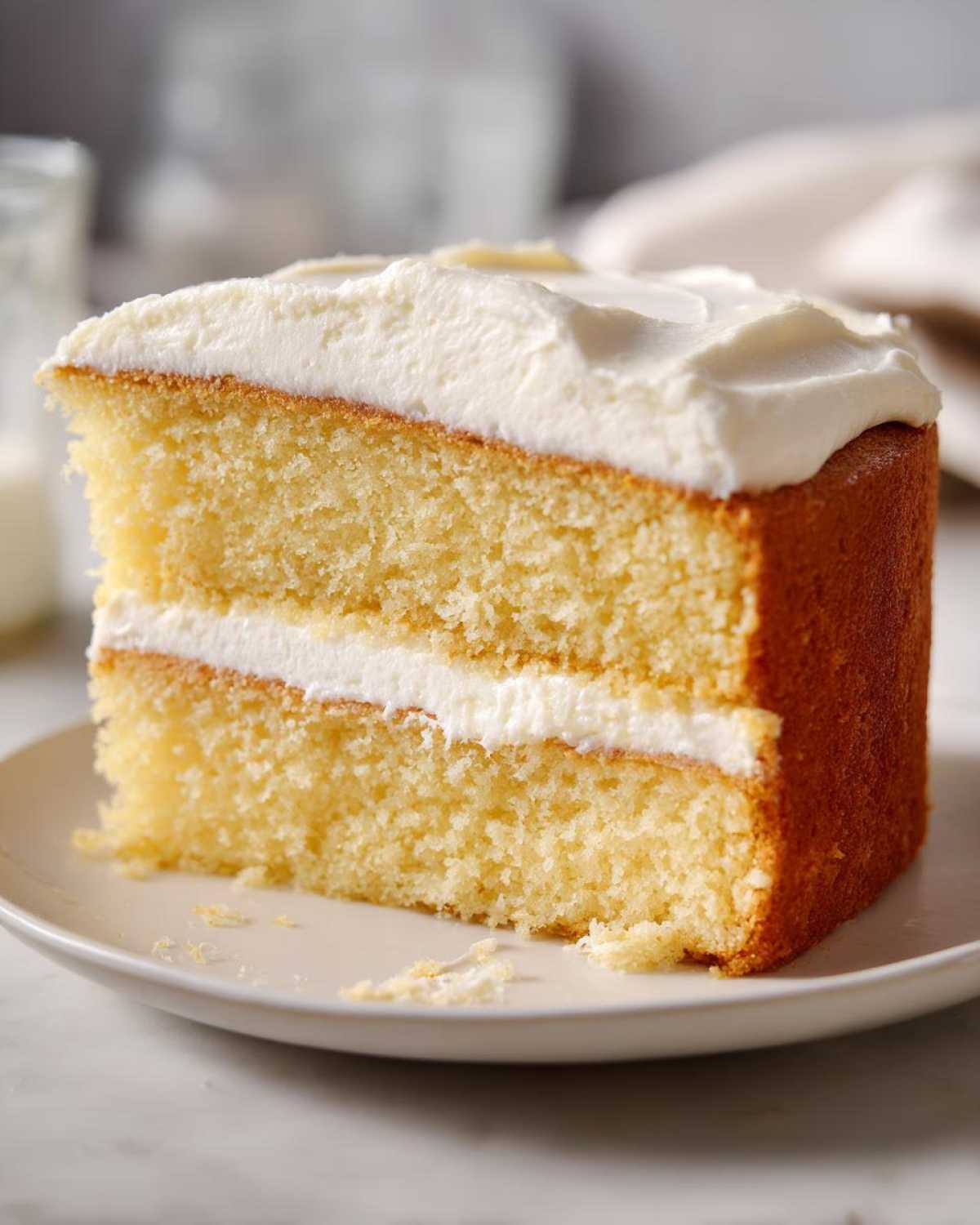 Close-up of a moist slice of fluffy vanilla cake recipe layered with thick white frosting.