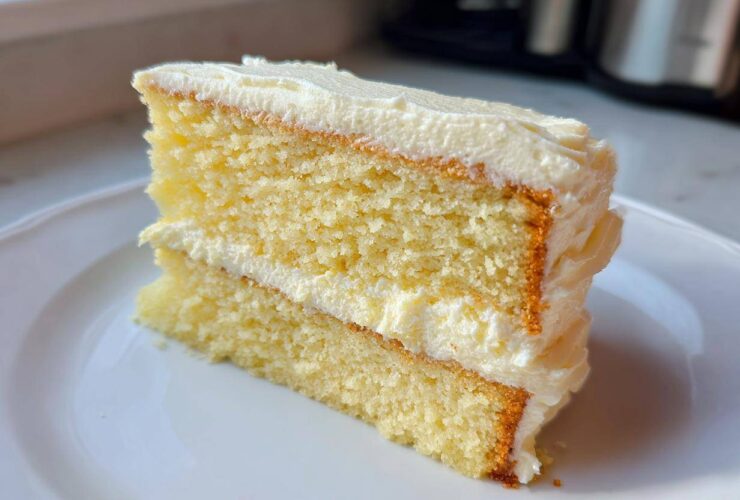 A close-up of a fluffy, two-layer slice of vanilla cake recipe covered in white buttercream frosting.