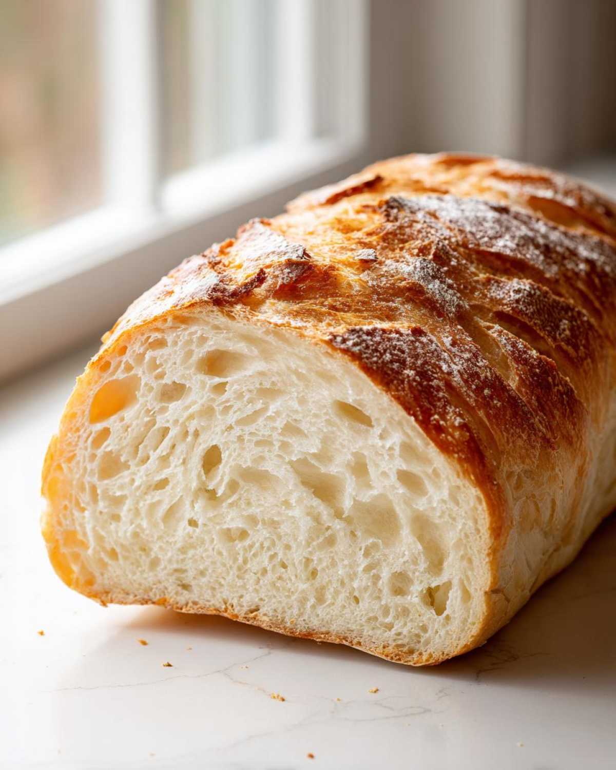 Close-up of a freshly baked loaf of french bread, showing the airy, open crumb structure and golden crust.