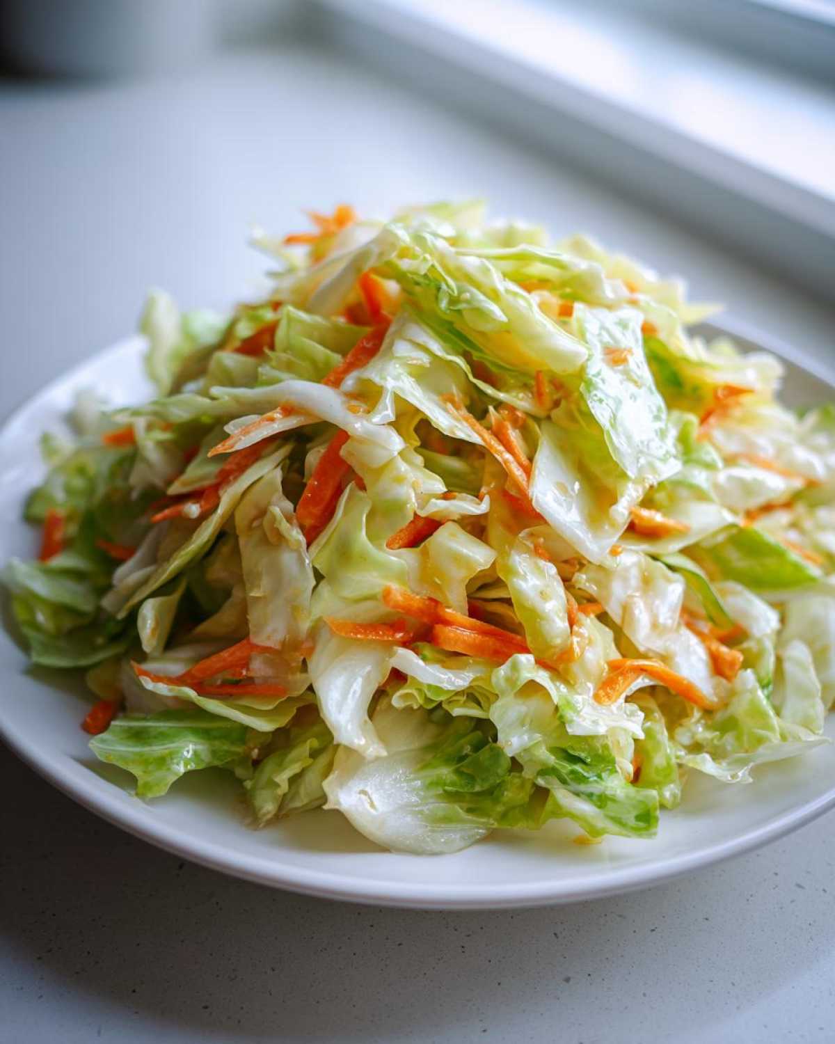 A mound of fresh cabbage salad mixed with shredded carrots on a white plate, ready to eat.