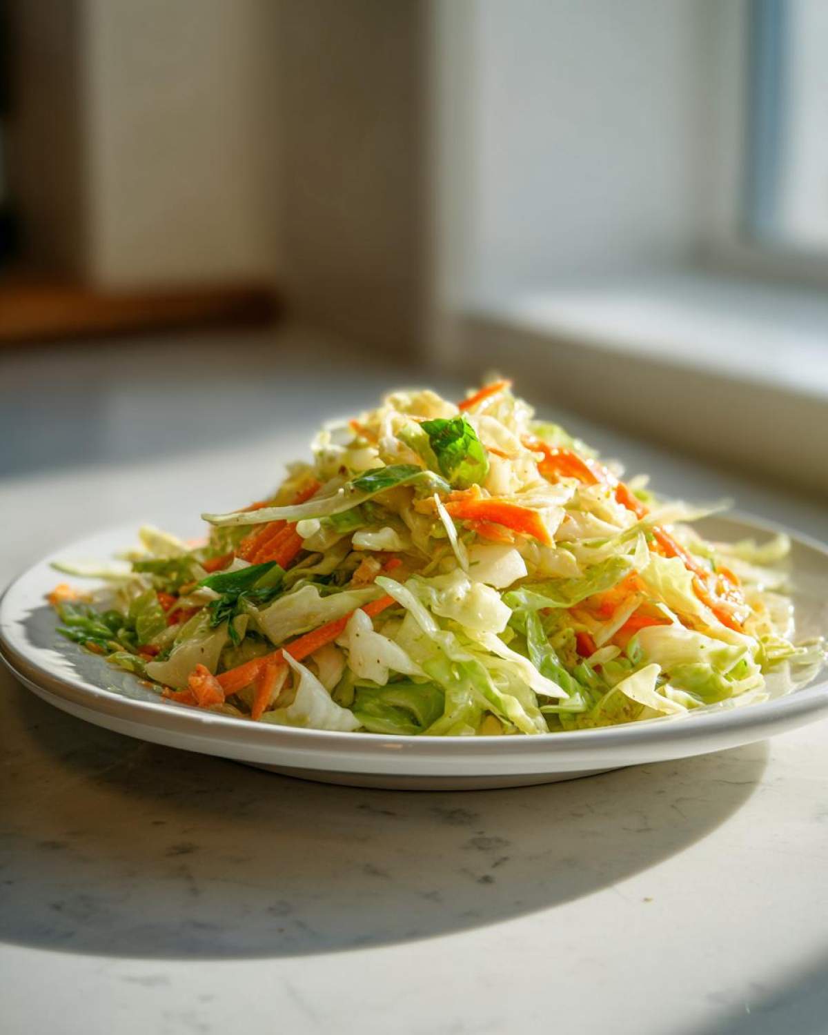 A mound of fresh cabbage salad mixed with shredded carrots served on a white plate.