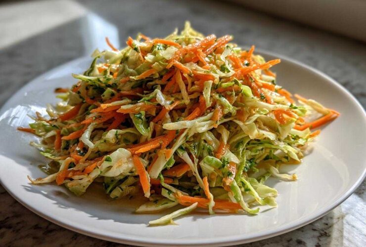 A mound of bright, shredded cabbage salad mixed with julienned carrots and herbs, served on a white plate.
