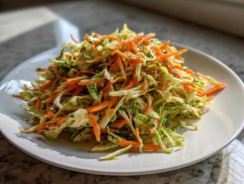 A mound of bright, shredded cabbage salad mixed with julienned carrots and herbs, served on a white plate.