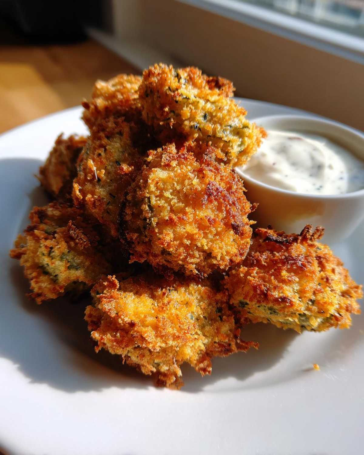 A pile of crispy, golden brown Fried Pickles served on a white plate next to a small bowl of creamy dipping sauce.