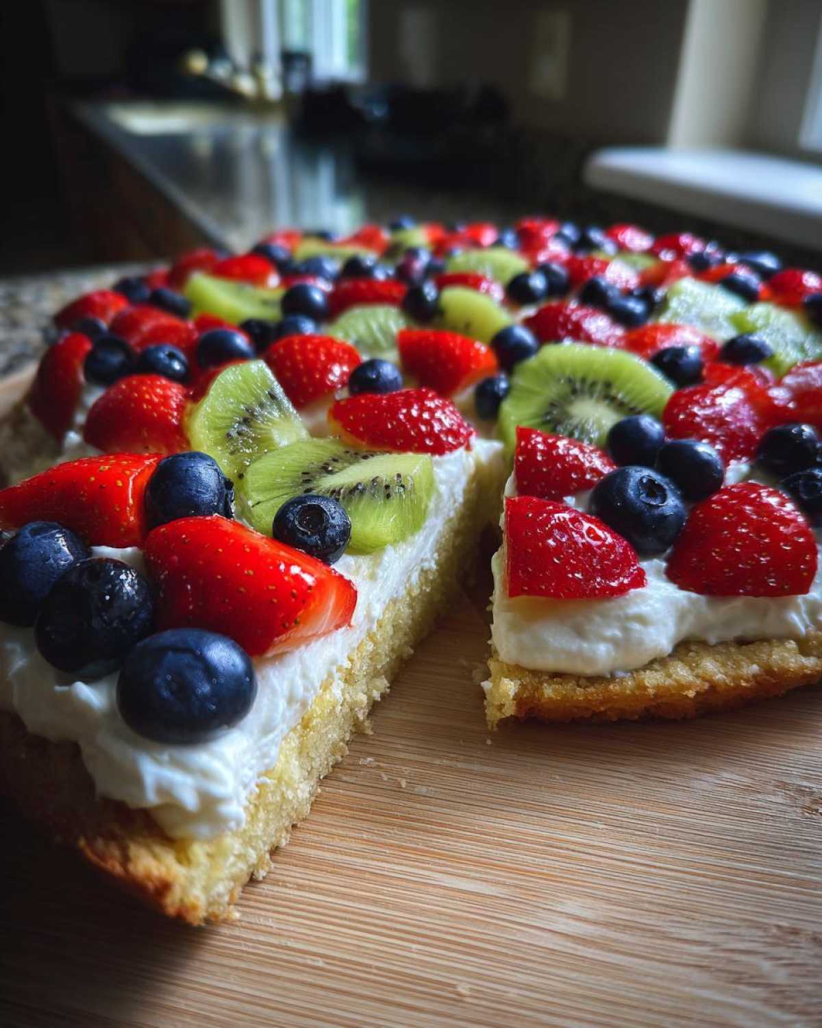 Close-up of a slice of fruit pizza sugar cookie topped with cream cheese frosting, strawberries, blueberries, and kiwi.