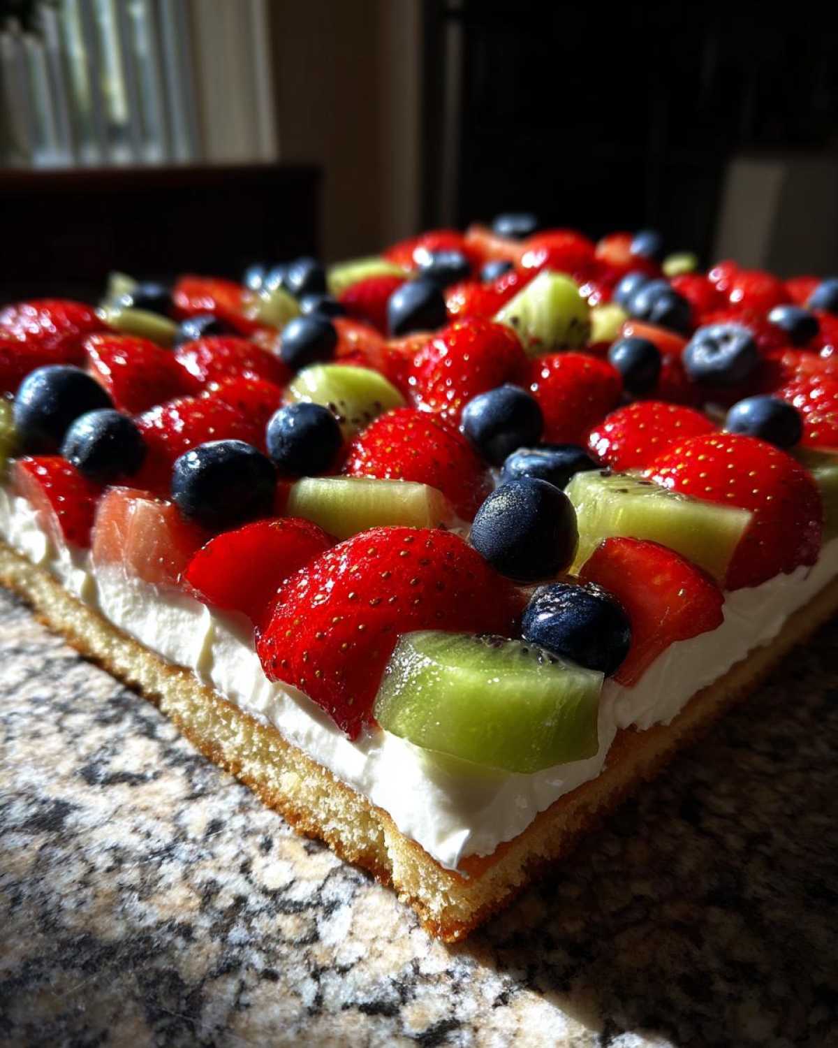 A close-up side view of a fruit pizza sugar cookie topped with white frosting, strawberries, blueberries, and kiwi slices.