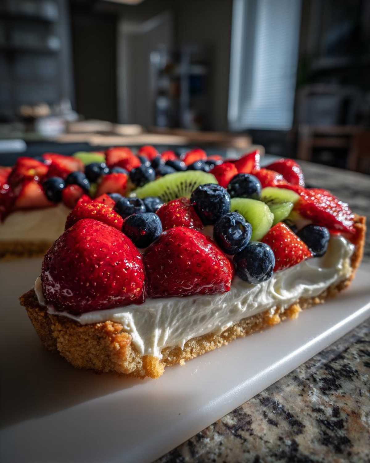 Close-up of a slice of fruit pizza sugar cookie topped with cream cheese frosting, strawberries, blueberries, and kiwi.