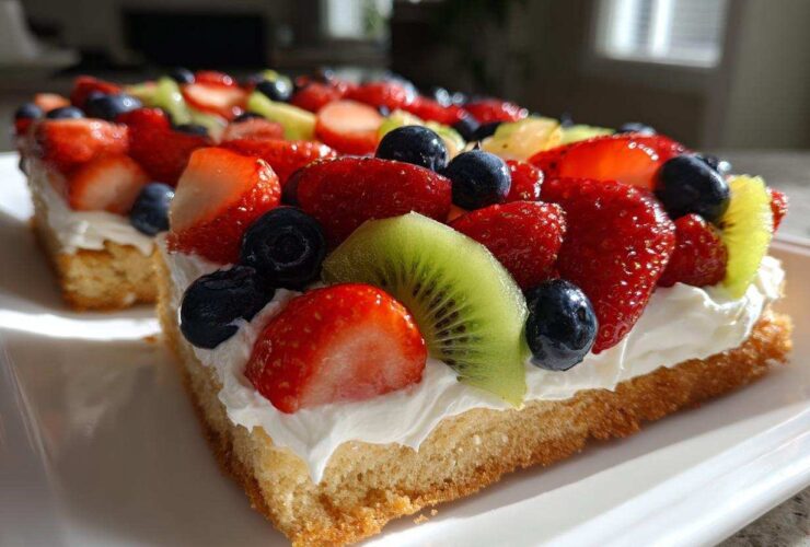 A close-up of a slice of fruit pizza sugar cookie topped with whipped cream, strawberries, blueberries, and kiwi.