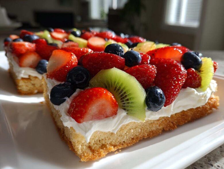 A close-up of a slice of fruit pizza sugar cookie topped with whipped cream, strawberries, blueberries, and kiwi.