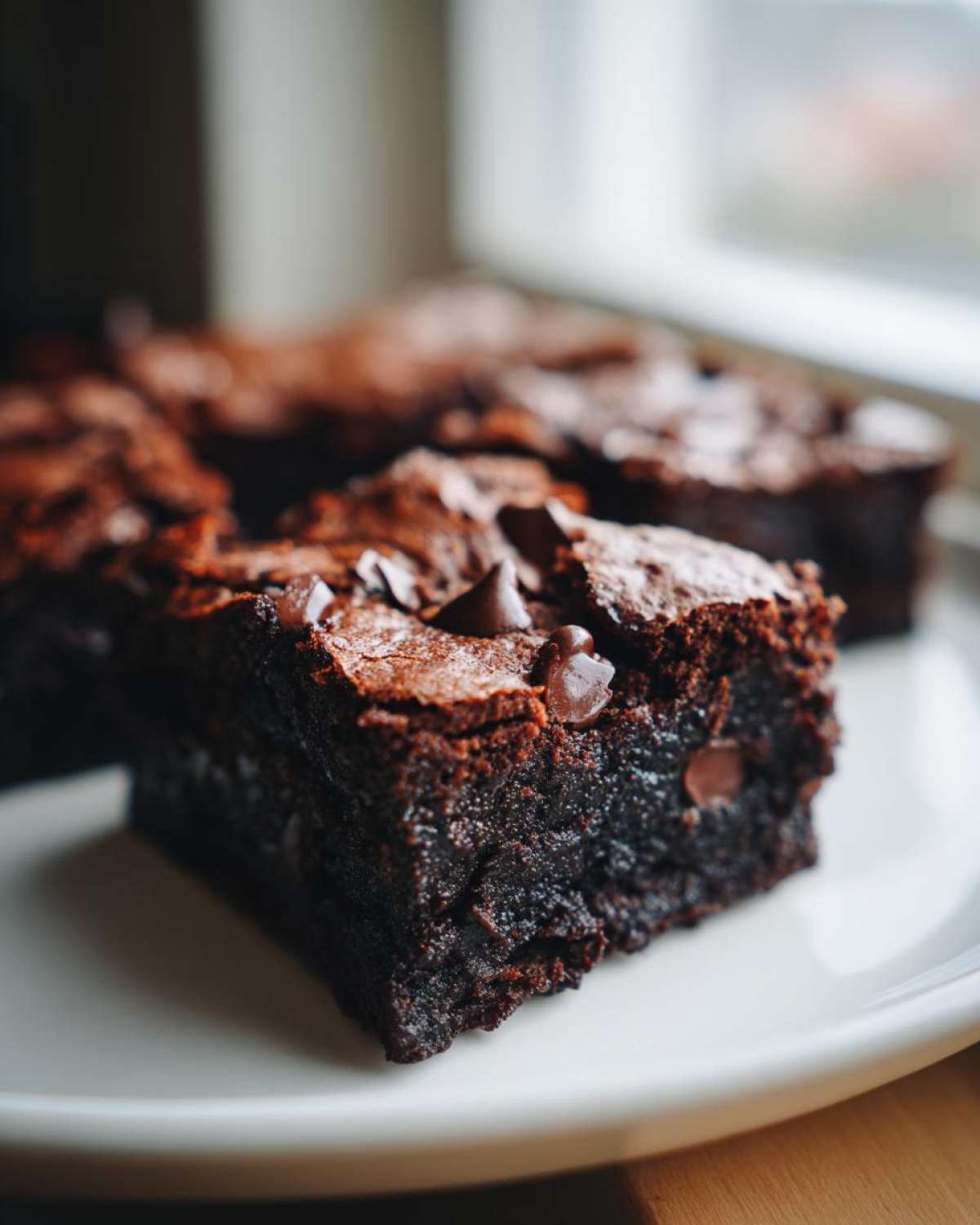 Close-up of a rich, fudgy slice of black bean brownies topped with melted chocolate chips on a white plate.