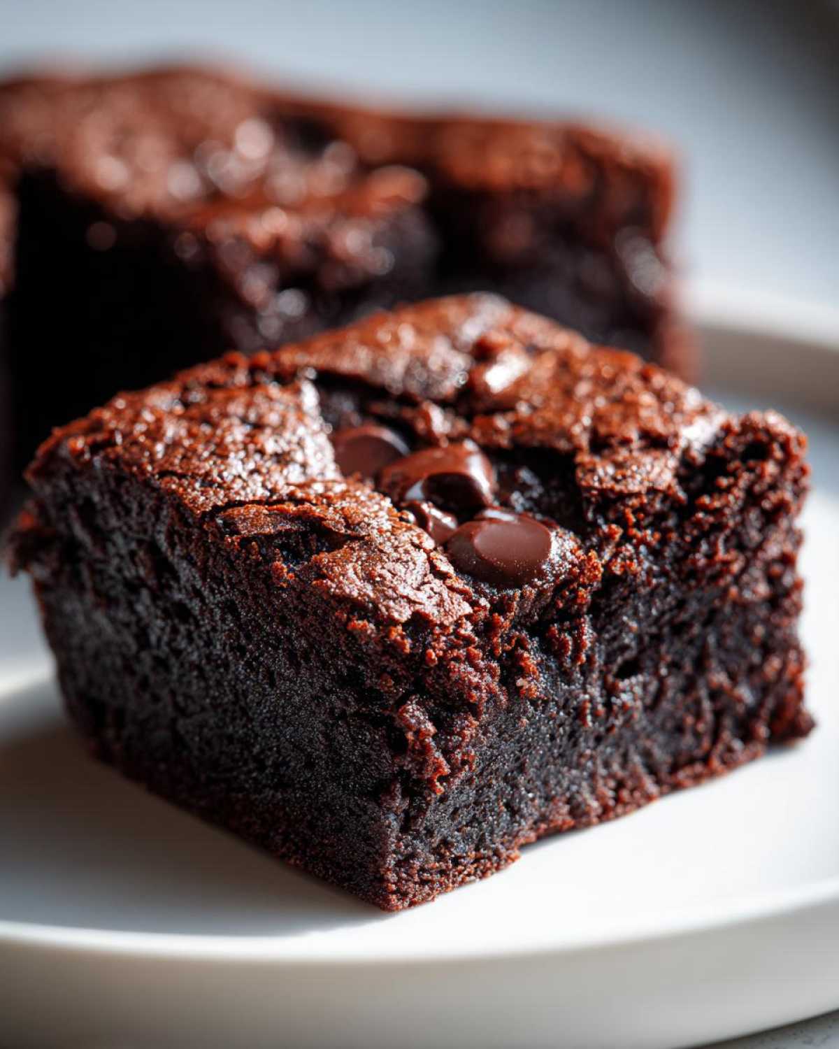 Close-up of a fudgy square of black bean brownies topped with melted chocolate chips on a white plate.