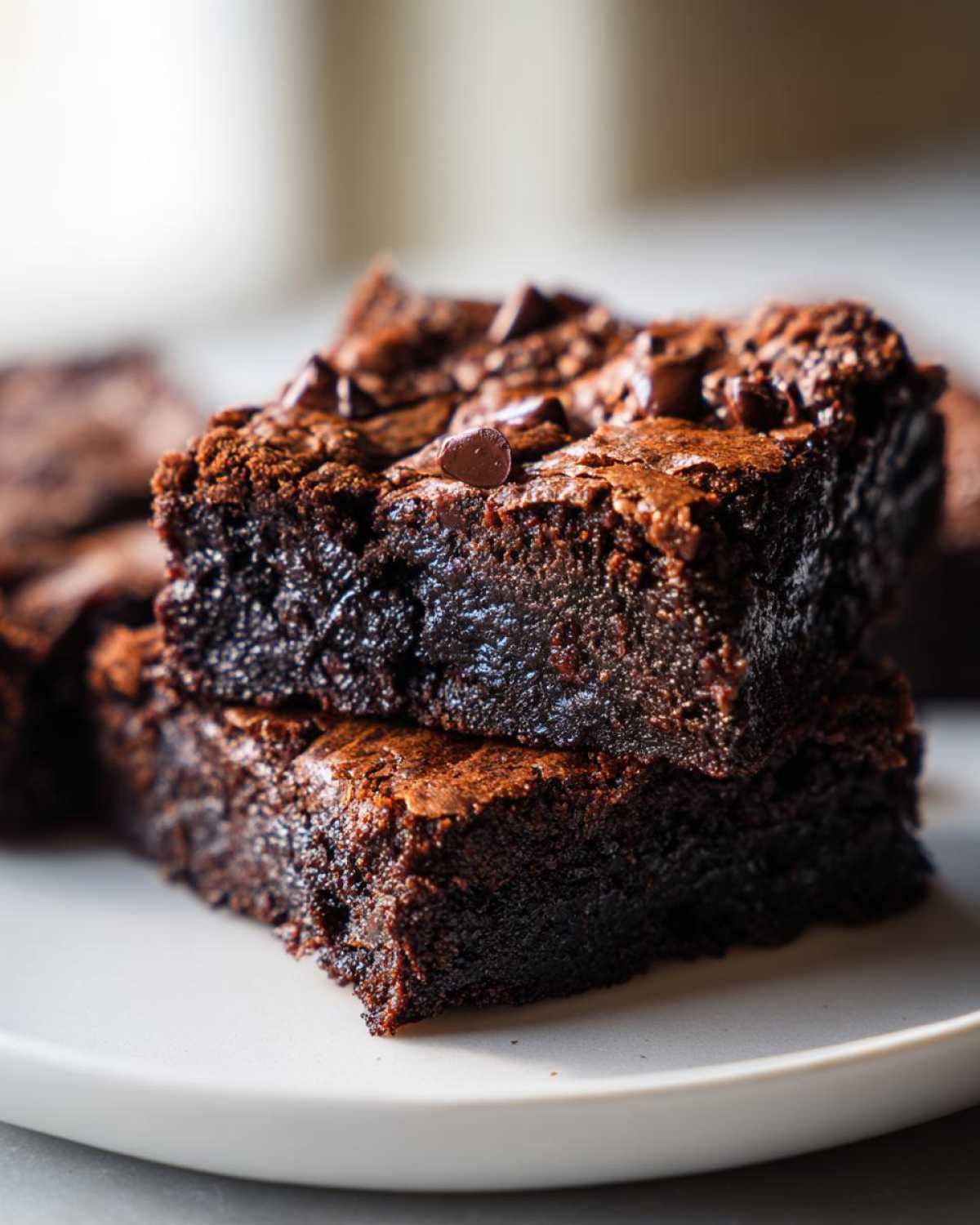 A close-up stack of two fudgy black bean brownies topped with melted chocolate chips on a white plate.