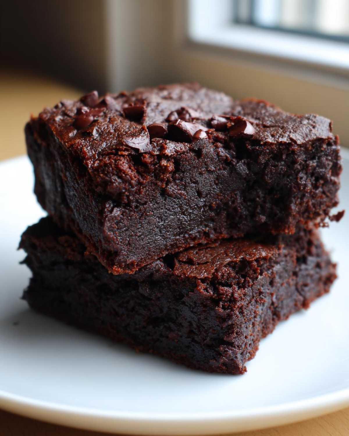 Two stacked, rich, dark fudgy black bean brownies topped with melted chocolate chips on a white plate.