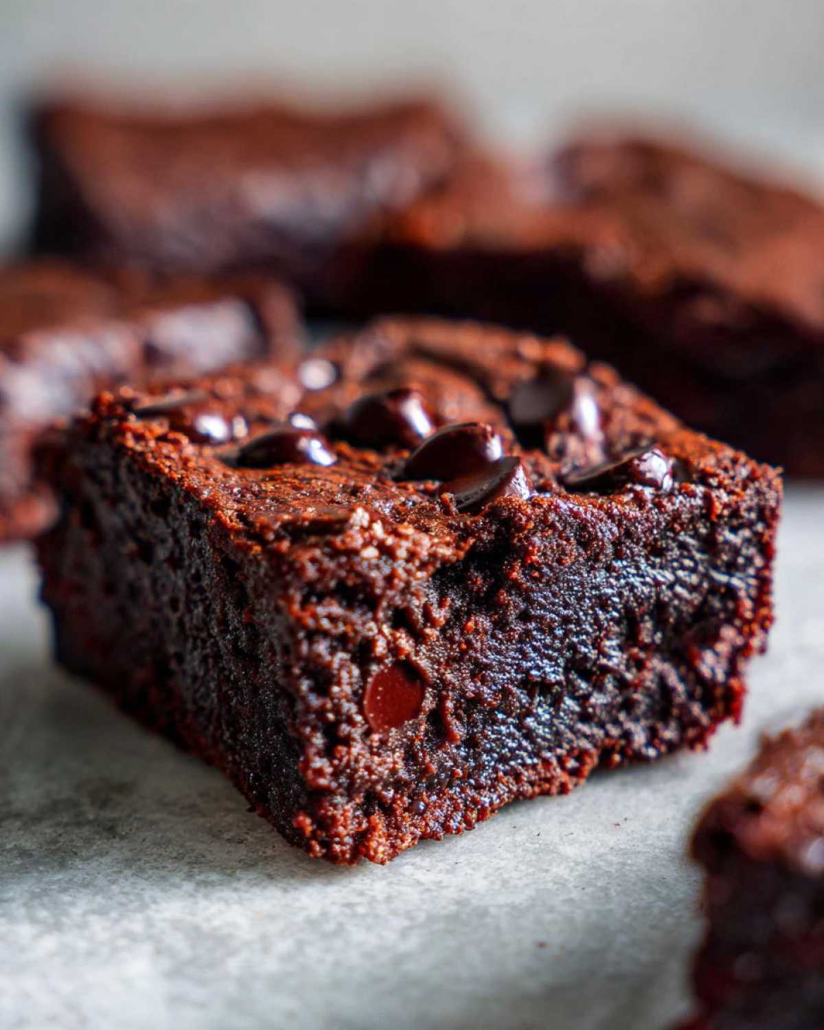 A close-up, fudgy square of sweet potato brownies topped with melted chocolate chips on a light surface.