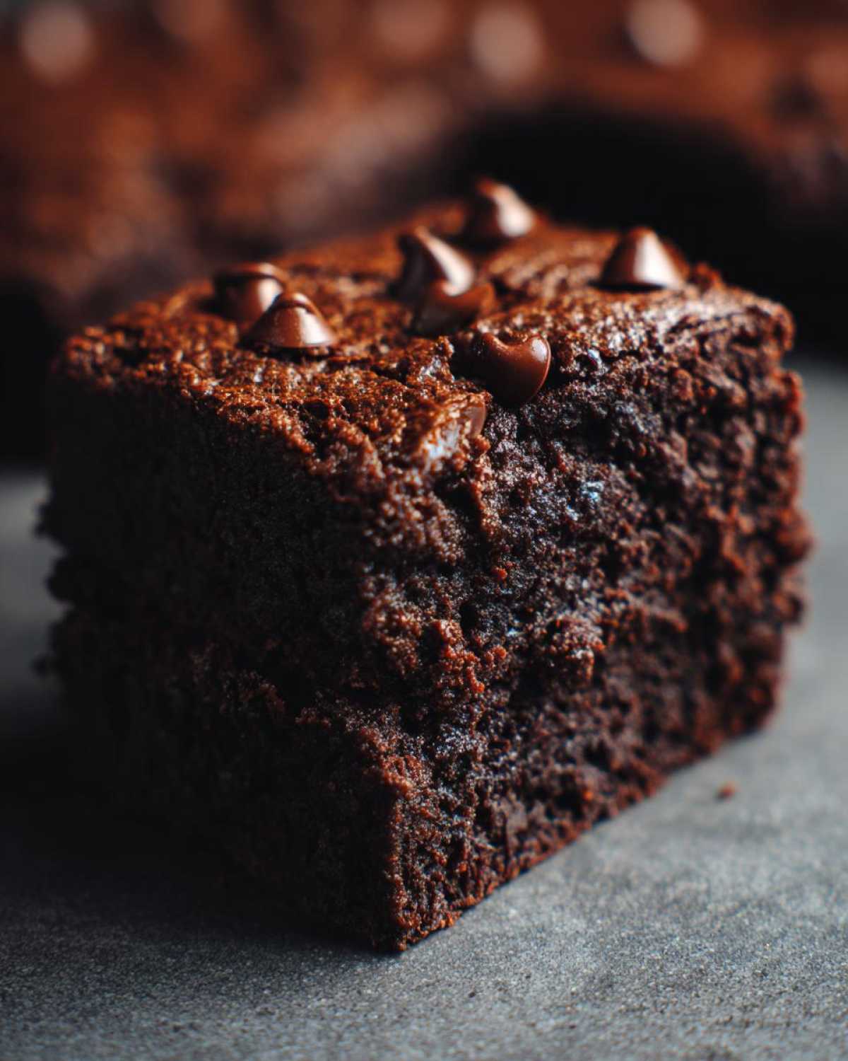 A close-up, dark, and moody shot of a single, fudgy sweet potato brownies square topped with melted chocolate chips.