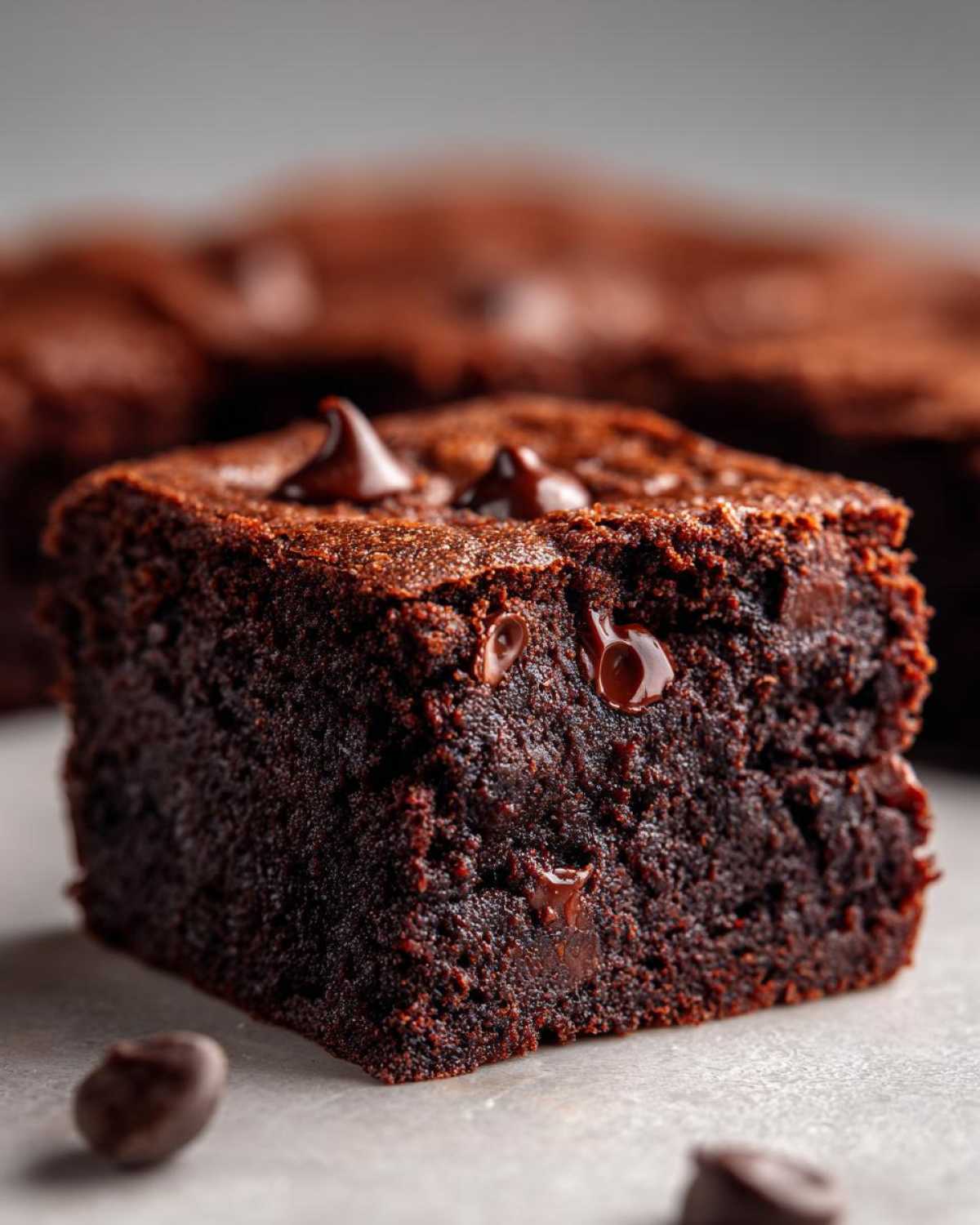 A close-up, macro shot of a rich, dark, fudgy sweet potato brownies square topped with melted chocolate chips.