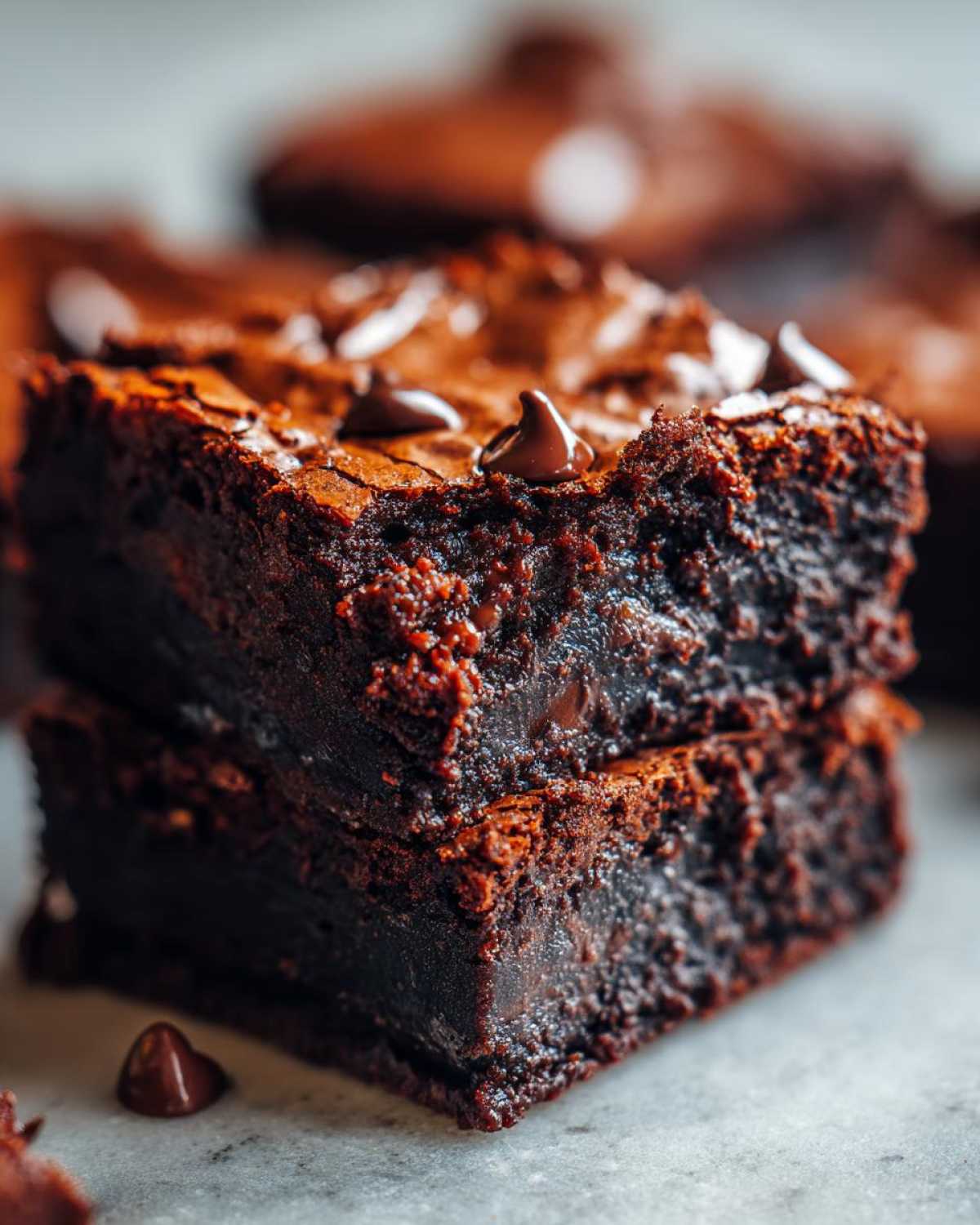 Close-up of two stacked, fudgy sweet potato brownies topped with melted chocolate chips.