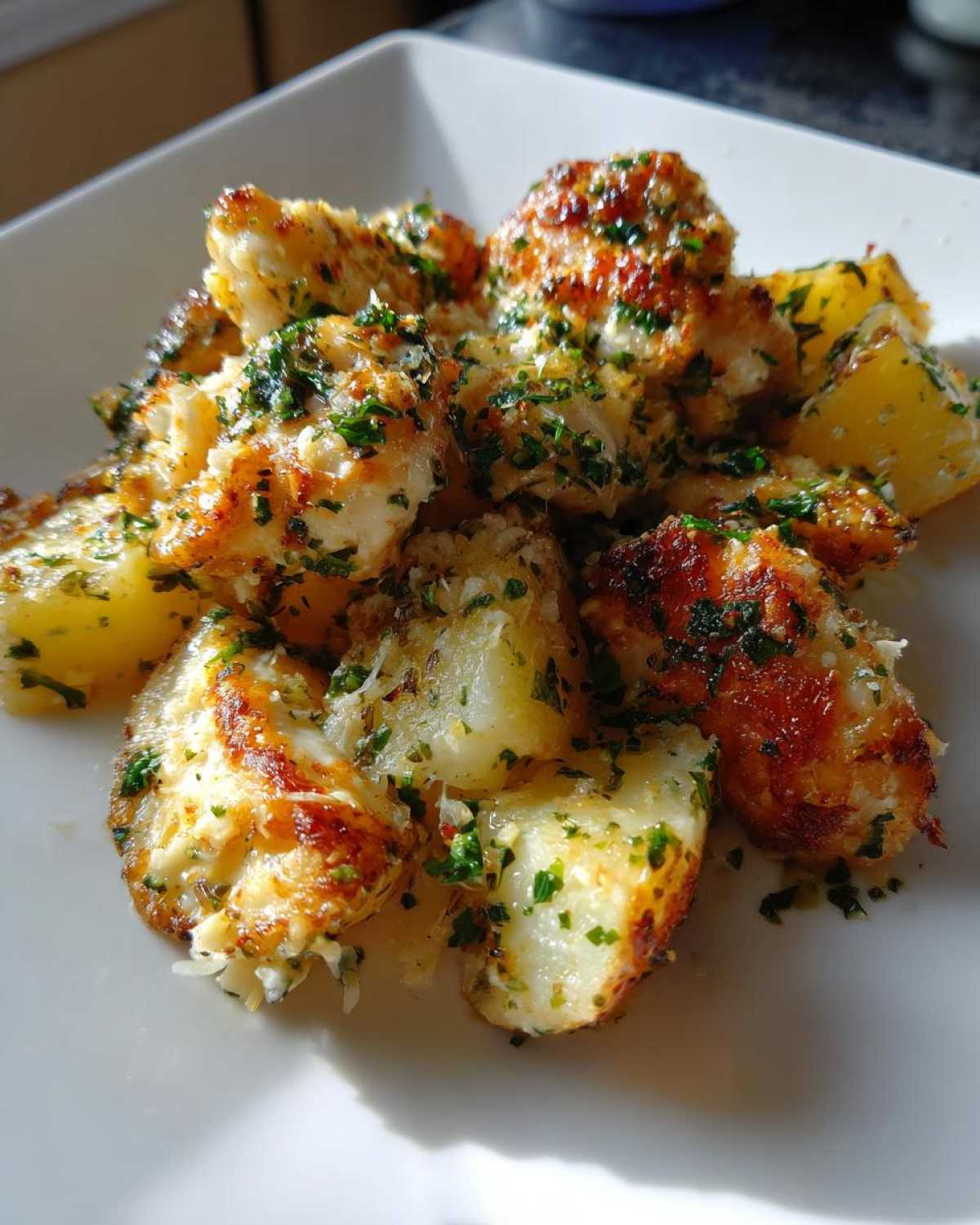 Close-up of golden brown garlic parmesan chicken and potatoes chunks topped with fresh parsley.