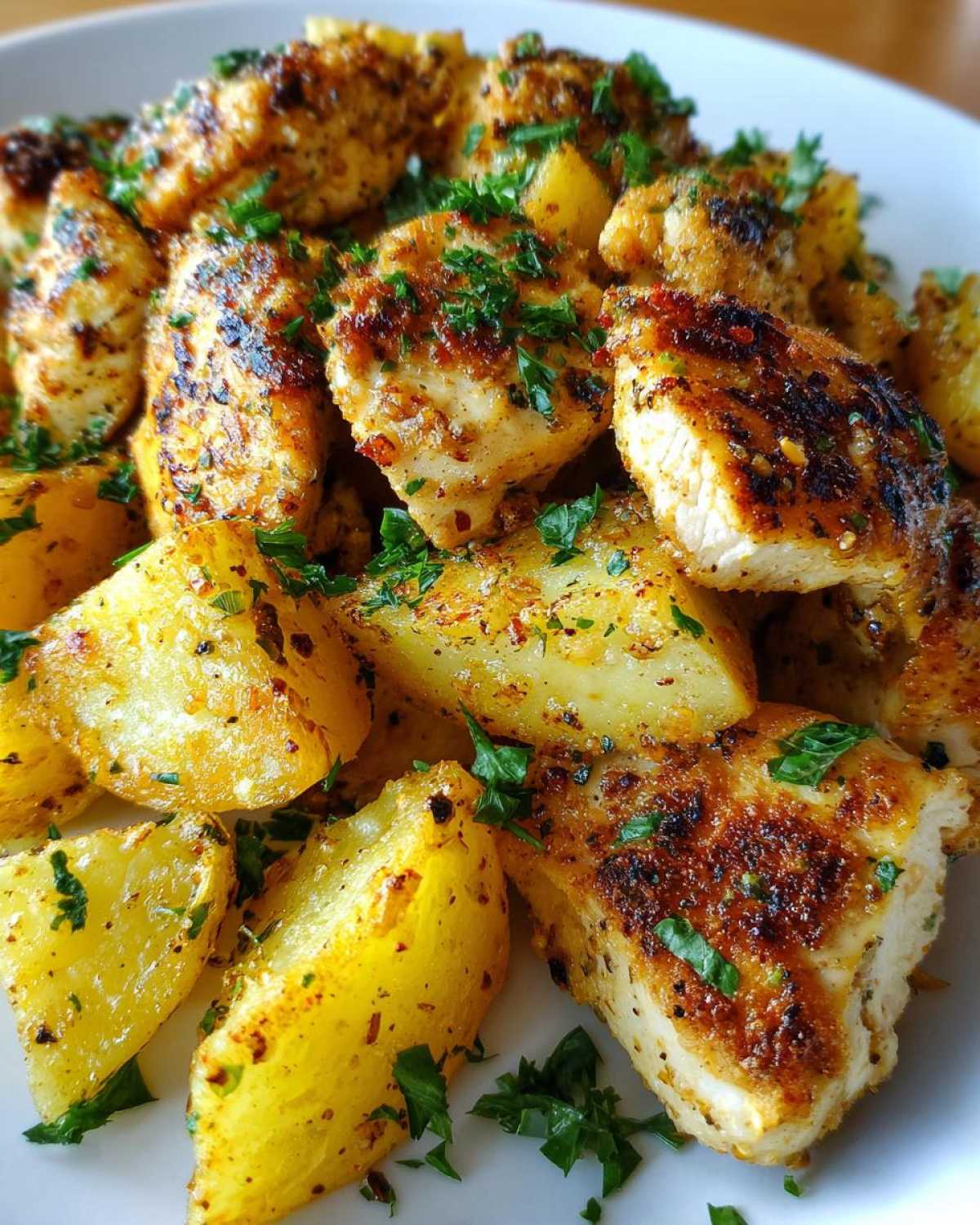 Close-up of seasoned, pan-seared garlic parmesan chicken and roasted potato wedges garnished with parsley.